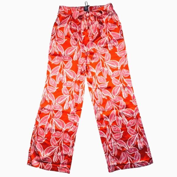 Sincerely Jules -184‎ Red Satin Tropical Floral Tie Belt Pleated Pants Medium - Picture 1 of 8